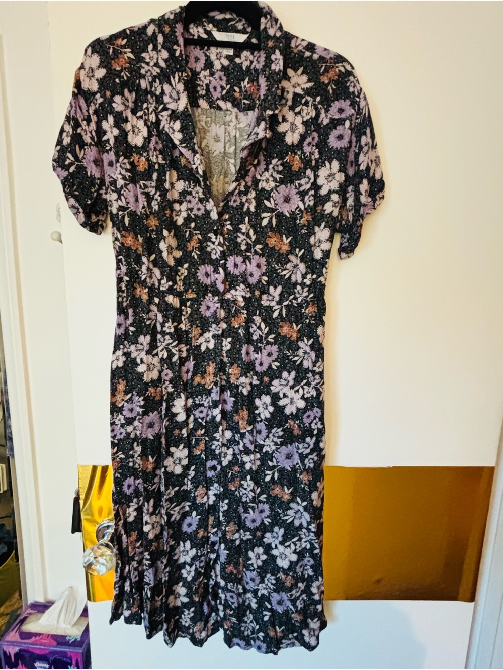 Time and Tru Black Floral Midi Dress with Lavender and Cream Blooms